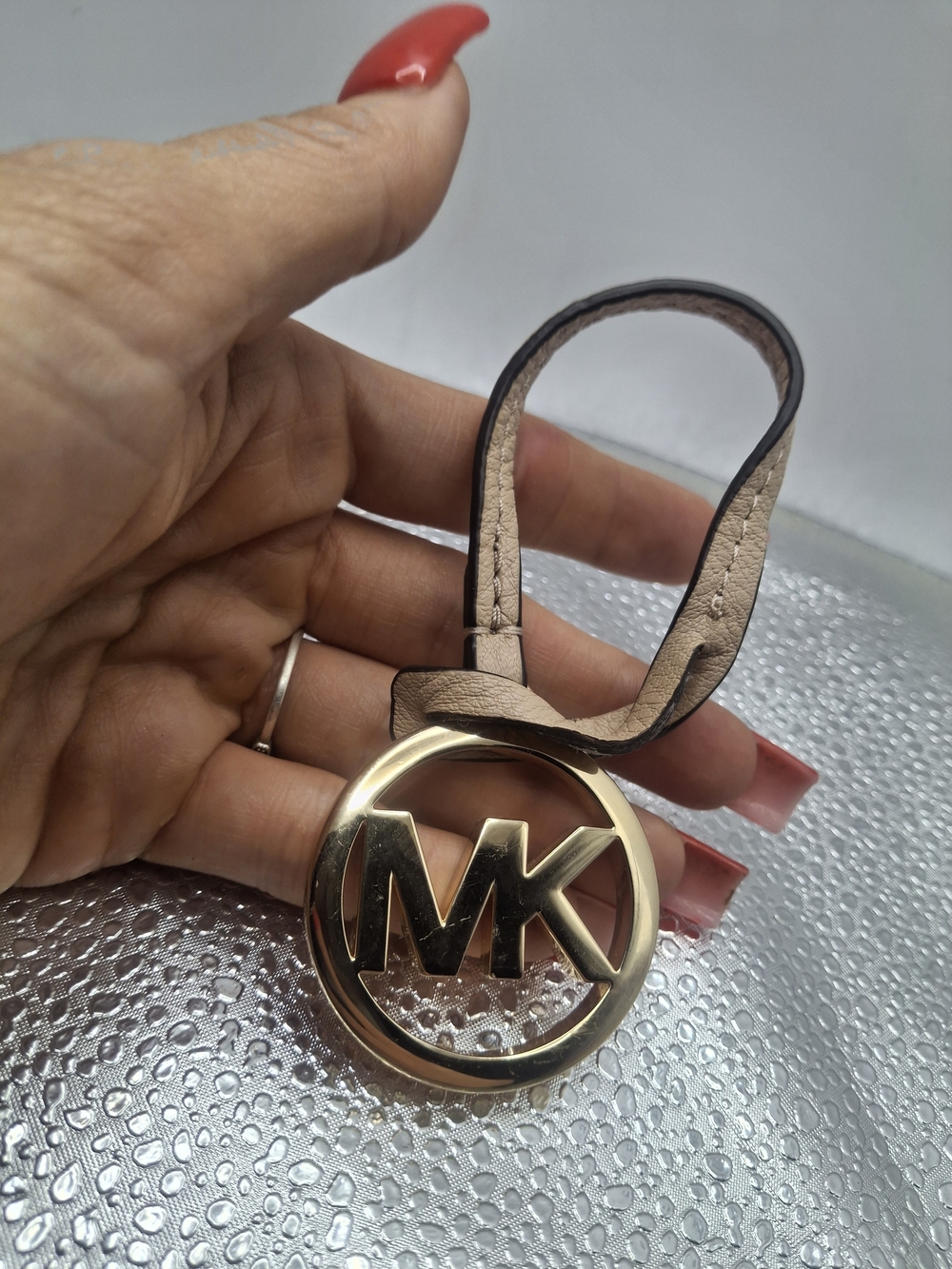 Michael Kors Gold MK Logo Leather Keychain Charm / Bag Charm - Taupe Strap